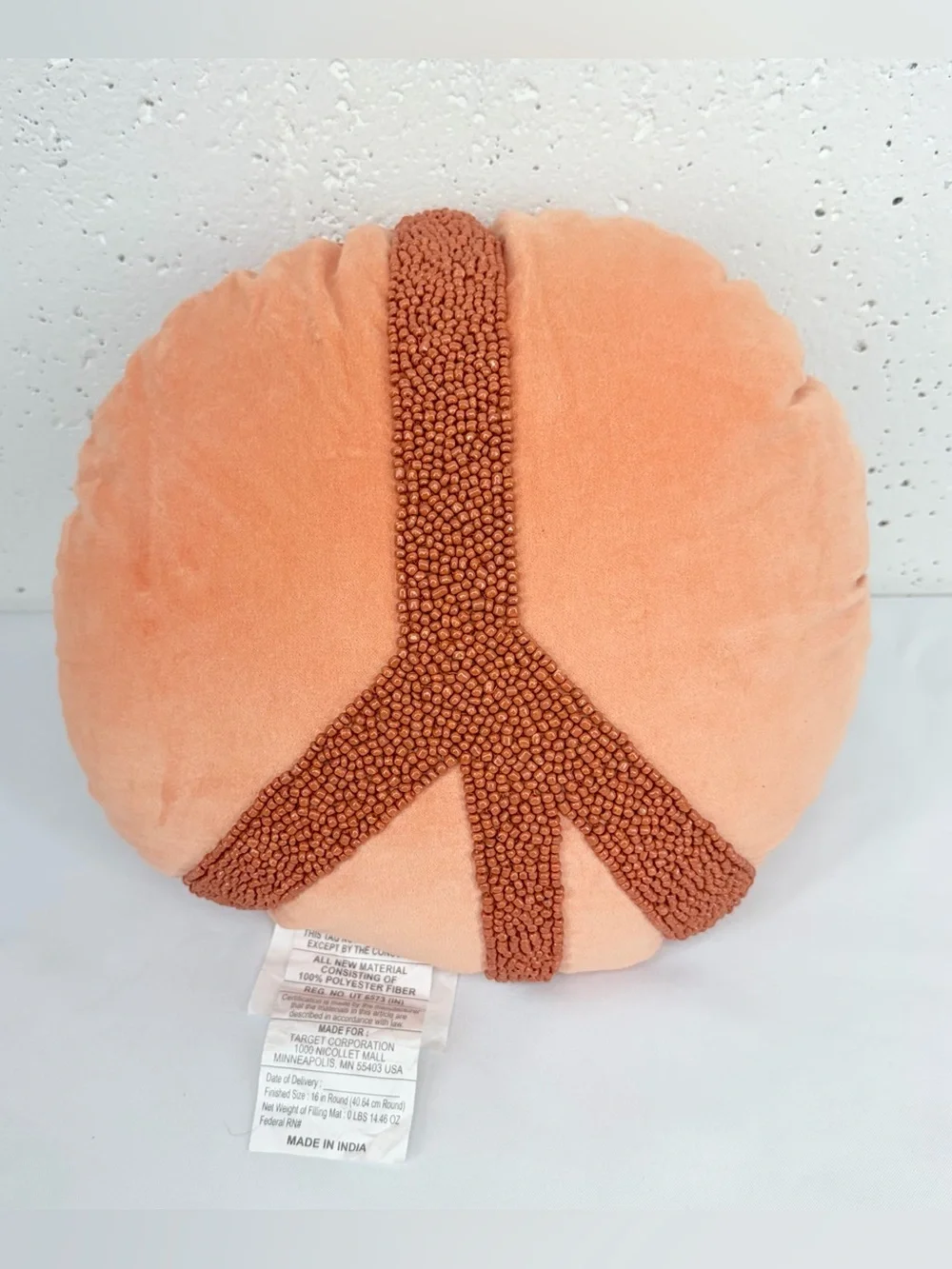 Opal House Round Peach Pillow with Beaded Peace Design 14”